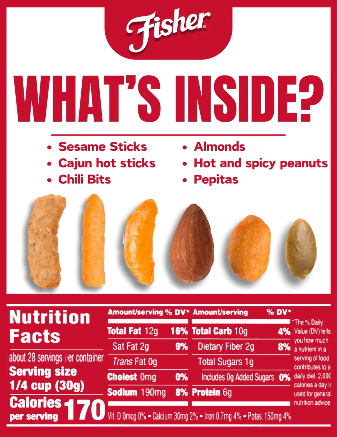 Fisher Snack Tex Mex Trail Mix, 30 Ounces, Hot and Spicy Peanuts, Almonds, Salsa Corn Sticks, Sesame Sticks, Chili Bits, Pepitas