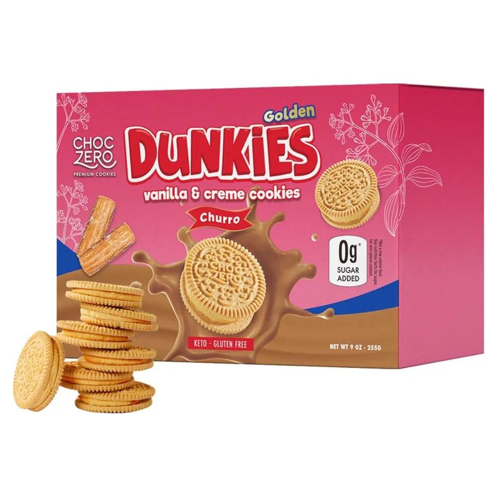ChocZero Churro Creme Vanilla Sandwich Cookies - Low Sugar, Gluten Free, Keto Friendly Dunkies (1 Box, 9oz)