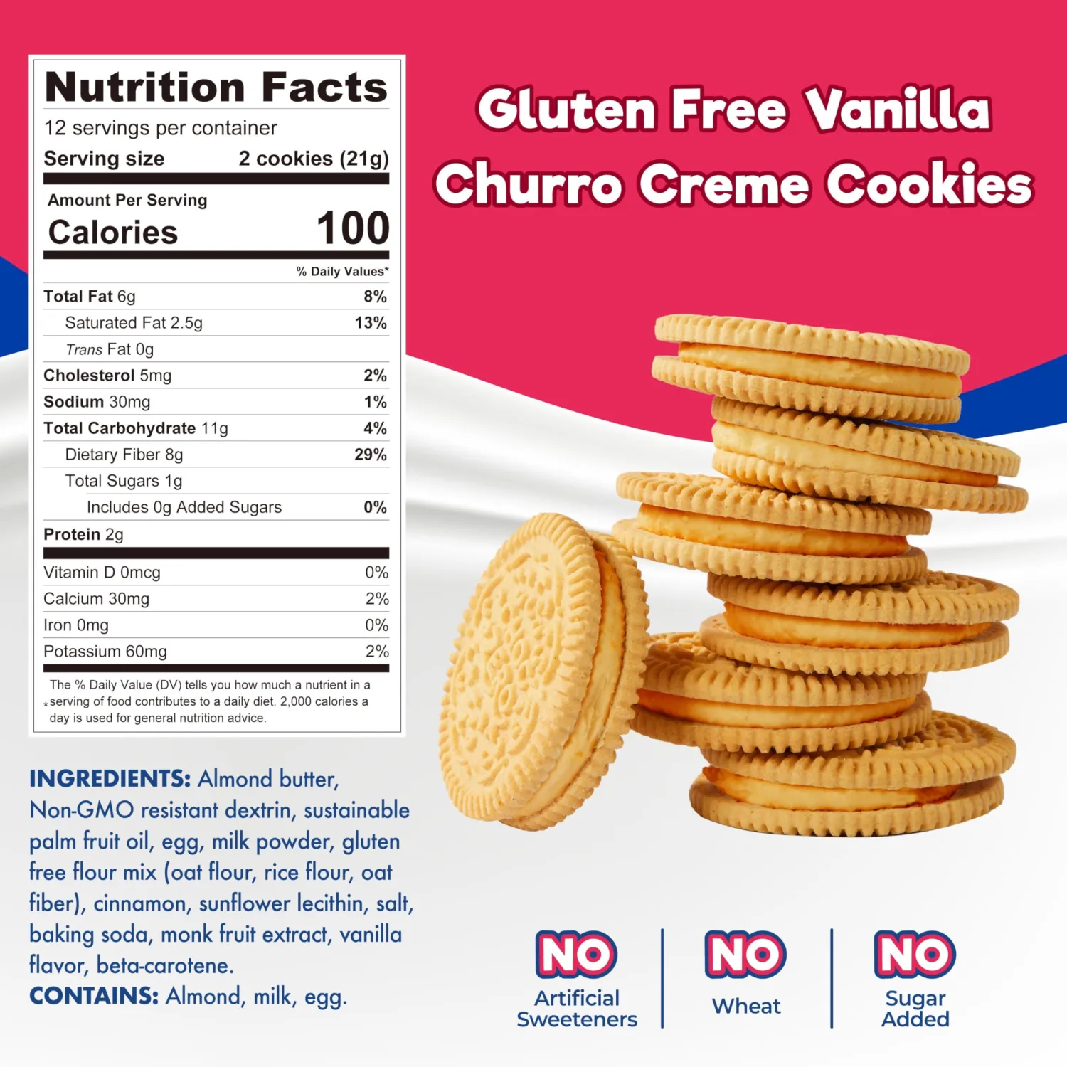 ChocZero Churro Creme Vanilla Sandwich Cookies - Low Sugar, Gluten Free, Keto Friendly Dunkies (1 Box, 9oz)