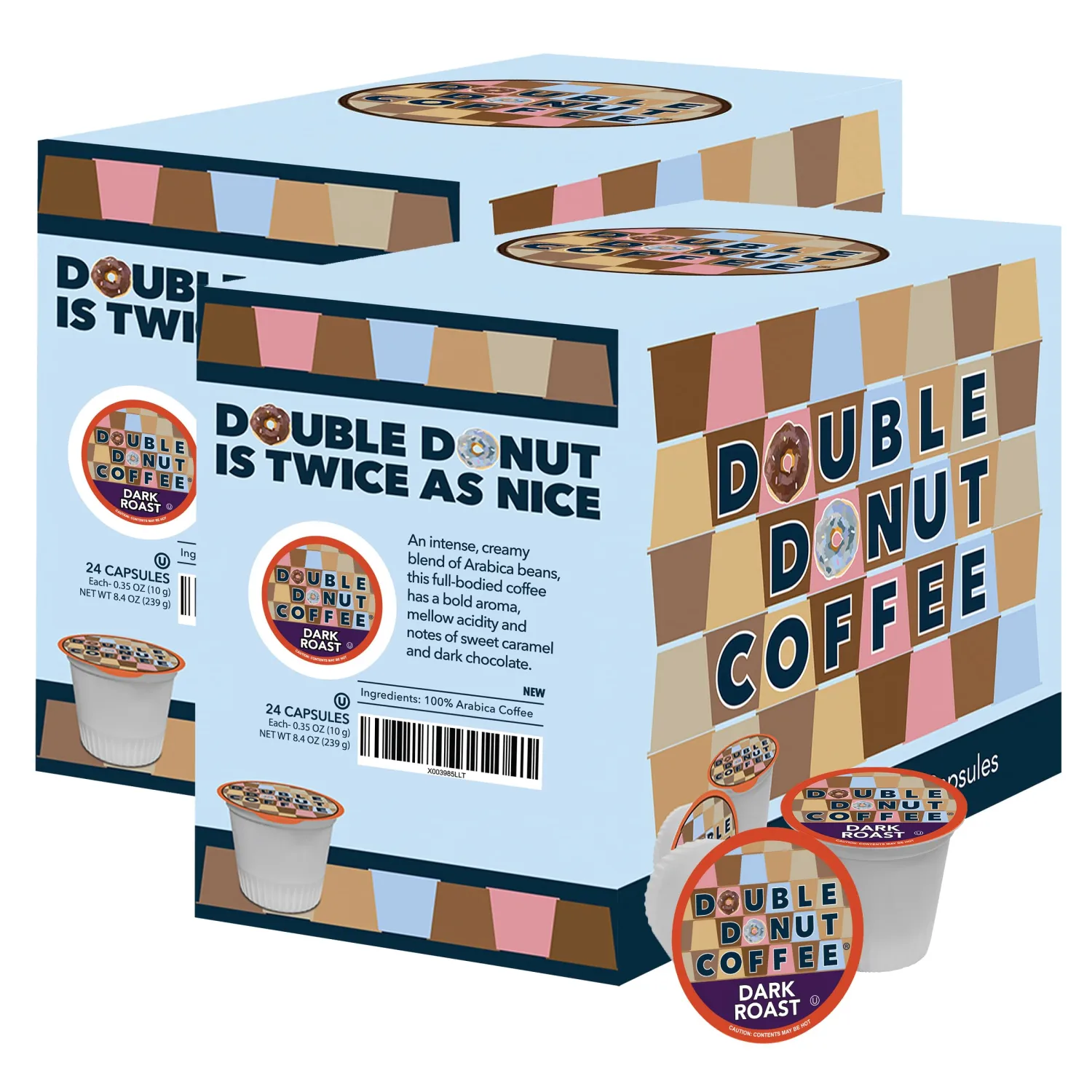 Double Donut Dark Roast Coffee Pods, Extra Bold Blend Coffee, Single Serve Coffee For Keurig K Cups Machines, Dark Roast Coffee in Recyclable Pods, 48 Count