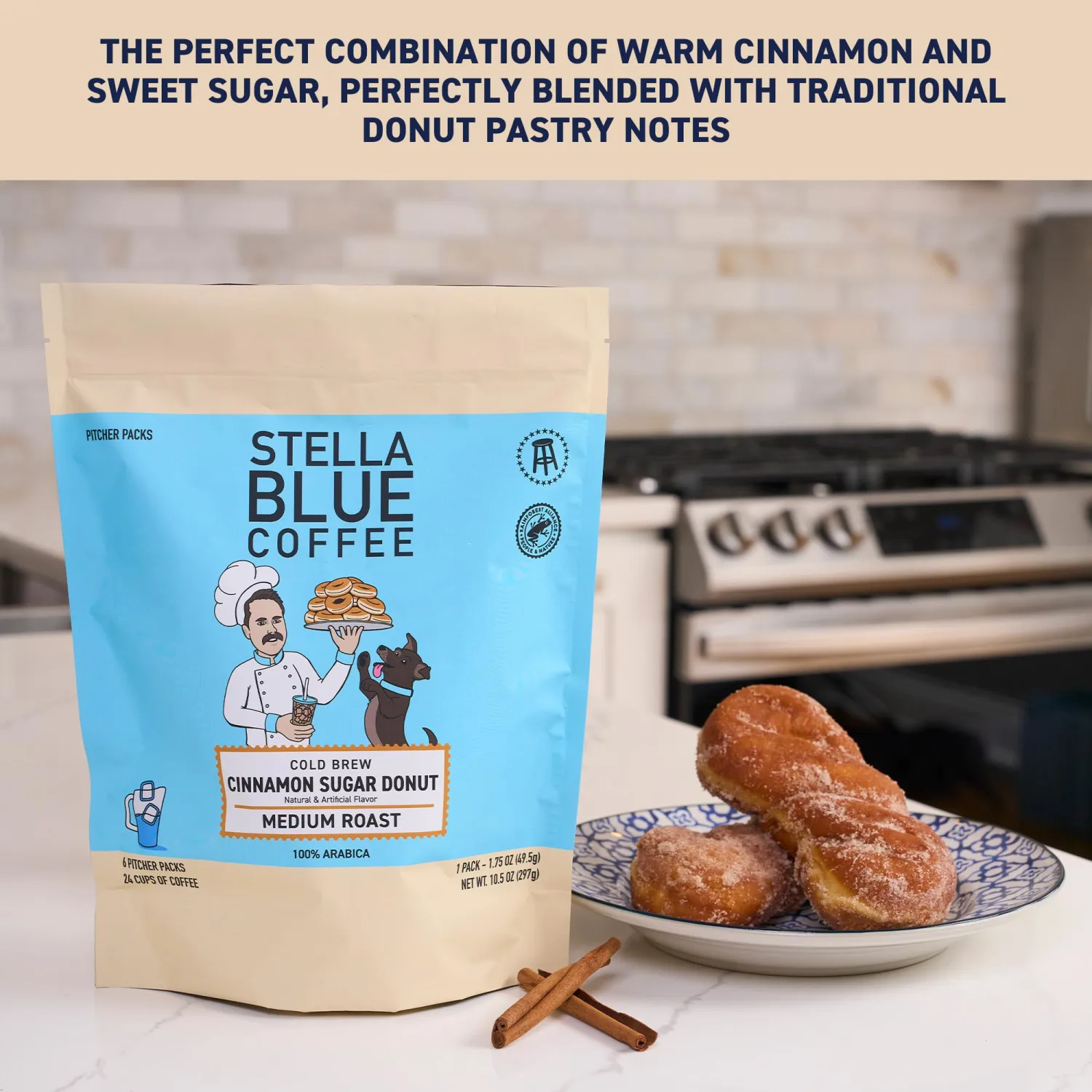STELLA BLUE Fresh Cold Brew Coffee | Cinnamon Sugar Donut | 100% Arabica MEDIUM Roast | Warm Cinnamon & Sweet Sugar & Donut Pastry Notes | Cold Brew for True Fanatics | 6 Packets to Make 24 Cups