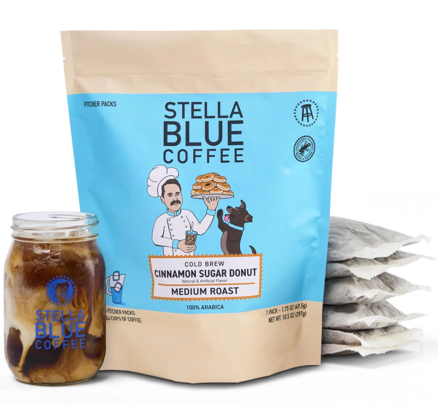 STELLA BLUE Fresh Cold Brew Coffee | Cinnamon Sugar Donut | 100% Arabica MEDIUM Roast | Warm Cinnamon & Sweet Sugar & Donut Pastry Notes | Cold Brew for True Fanatics | 6 Packets to Make 24 Cups