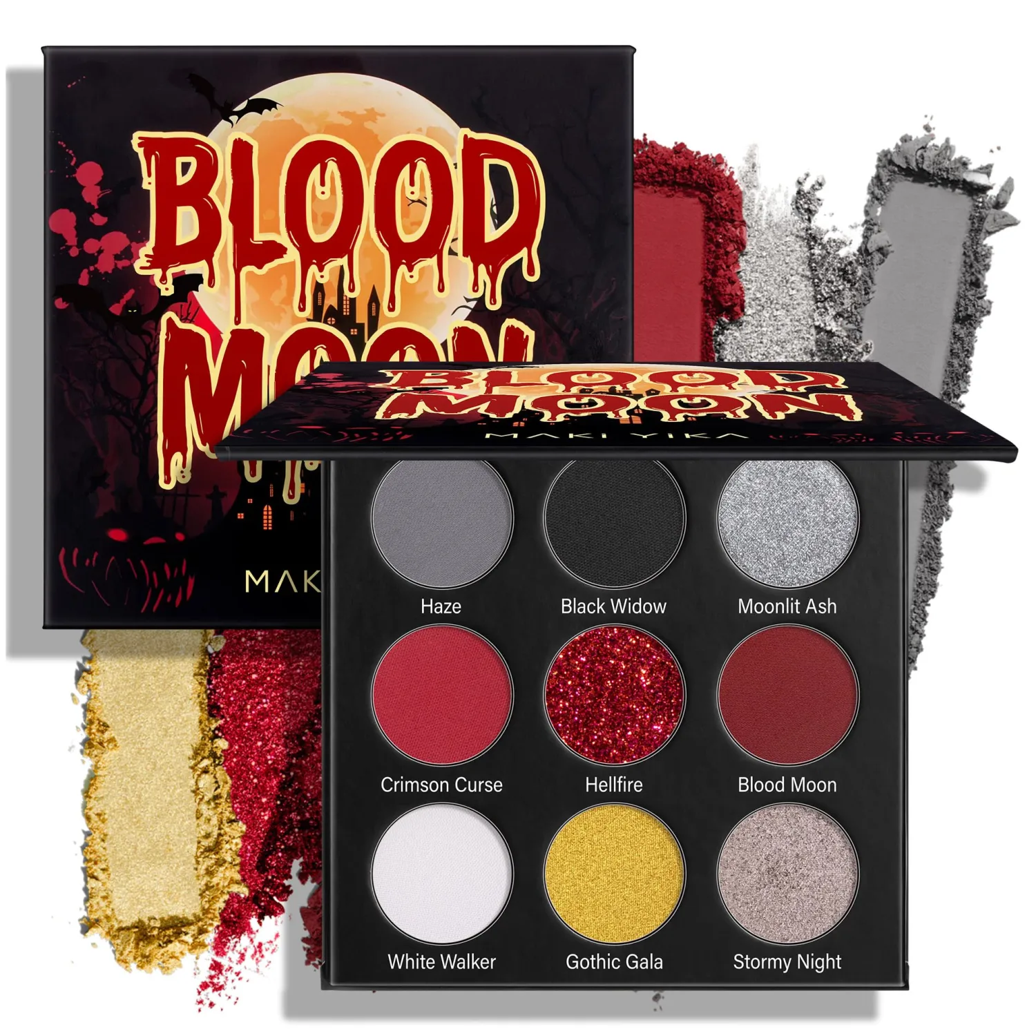 MAKI YIKA Black Red Eyeshadows Palette 9Color Pigmented Dark Black Red Eye Shadows Long Lasting Eyeshadow, Halloween Goth Eye Makeup (Black Red)