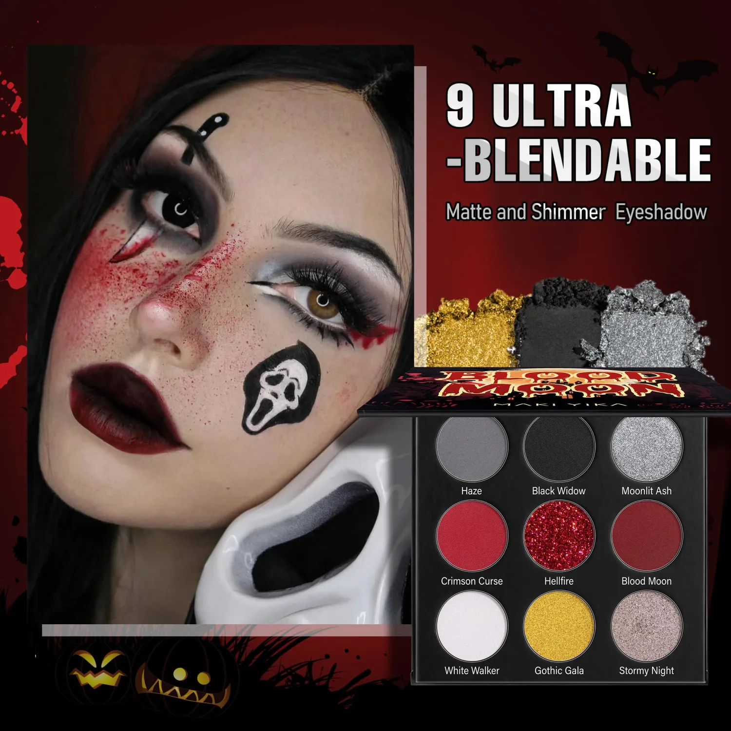 MAKI YIKA Black Red Eyeshadows Palette 9Color Pigmented Dark Black Red Eye Shadows Long Lasting Eyeshadow, Halloween Goth Eye Makeup (Black Red)