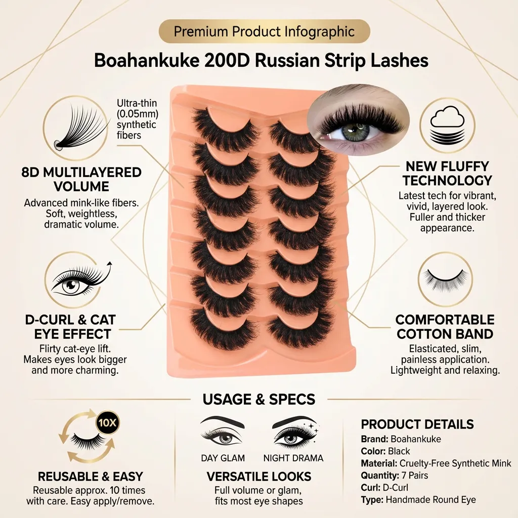 False Lashes Wispy Volume Mink Lashes Fluffy 200D Russian Strip Lashes D Curl Dramatic Fake Lash Extensions 7 Pairs Handmade Round Eye Eyelashes by Boahankuke