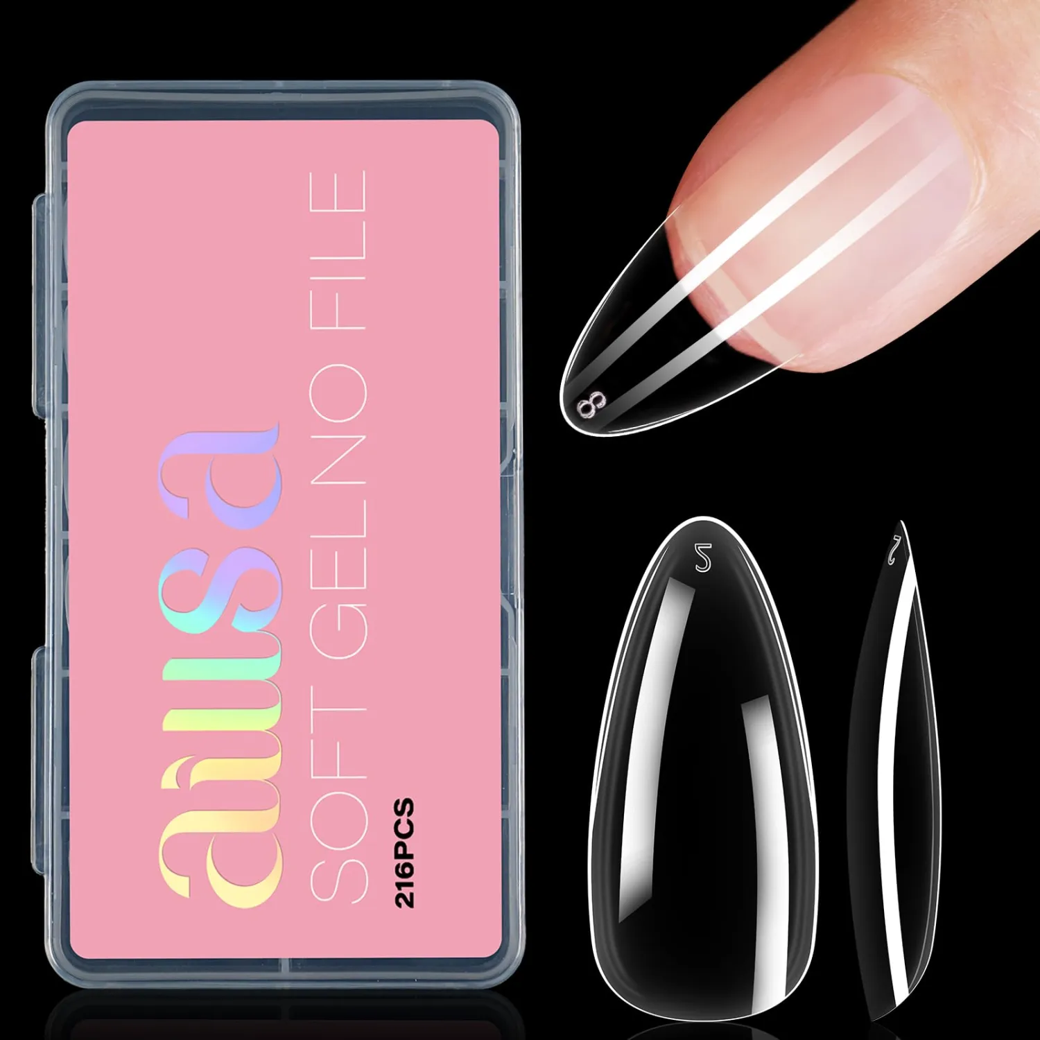 AILLSA Medium Almond Nail Tips Soft Gel Clear Nail Tips Preshaped Full Cover Nail Tips False Gelly Nail Tips for Nails Extension with Storage Box 216pcs 12 Sizes
