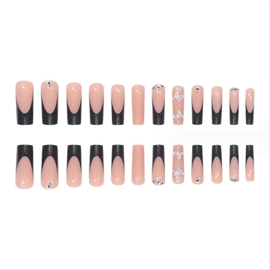 Foccna Press on Nails Long Rhinestone Pink Fake Nails Black Nails Square Bling Glossy 3D Flower False Nail Tips Artificial Nails Finger Manicure for Women and Girls-24pcs (Long Nails 1)