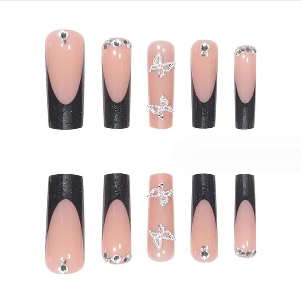 Foccna Press on Nails Long Rhinestone Pink Fake Nails Black Nails Square Bling Glossy 3D Flower False Nail Tips Artificial Nails Finger Manicure for Women and Girls-24pcs (Long Nails 1)
