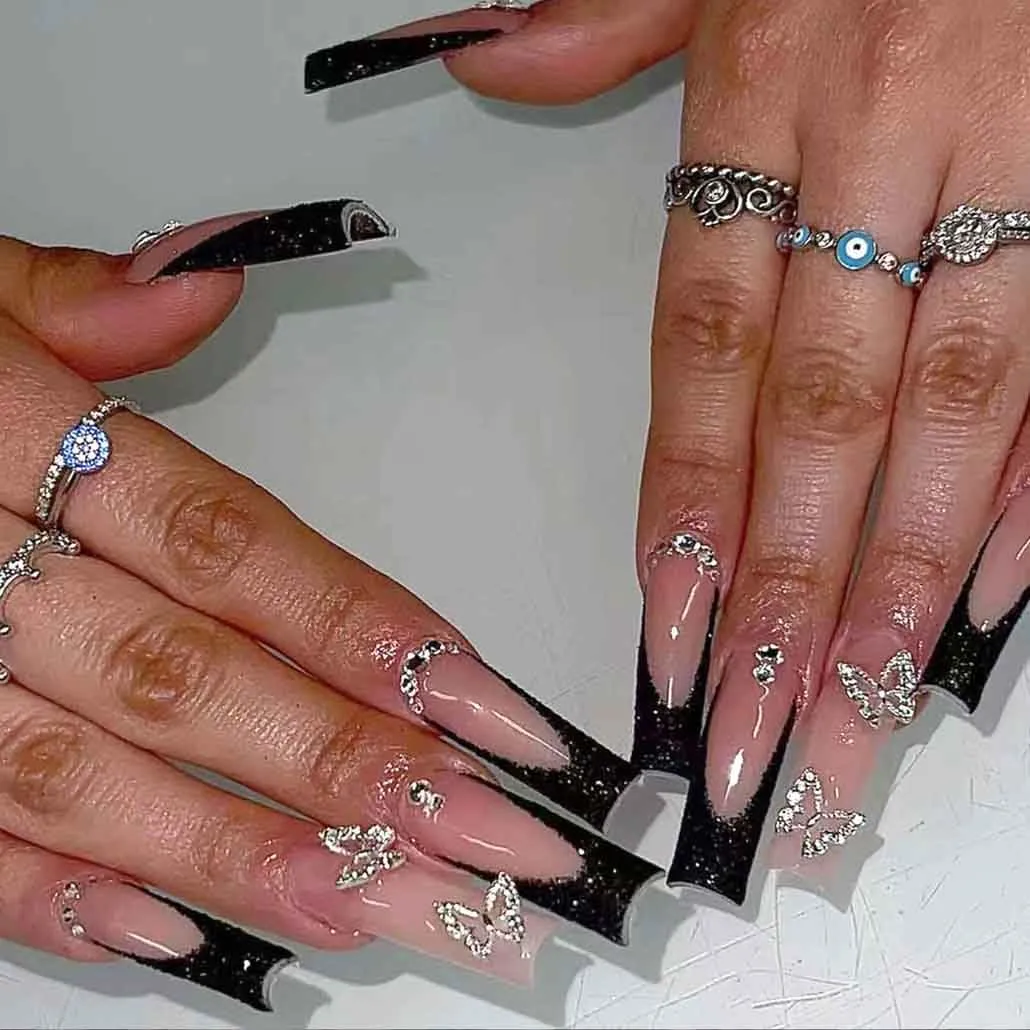 Foccna Press on Nails Long Rhinestone Pink Fake Nails Black Nails Square Bling Glossy 3D Flower False Nail Tips Artificial Nails Finger Manicure for Women and Girls-24pcs (Long Nails 1)