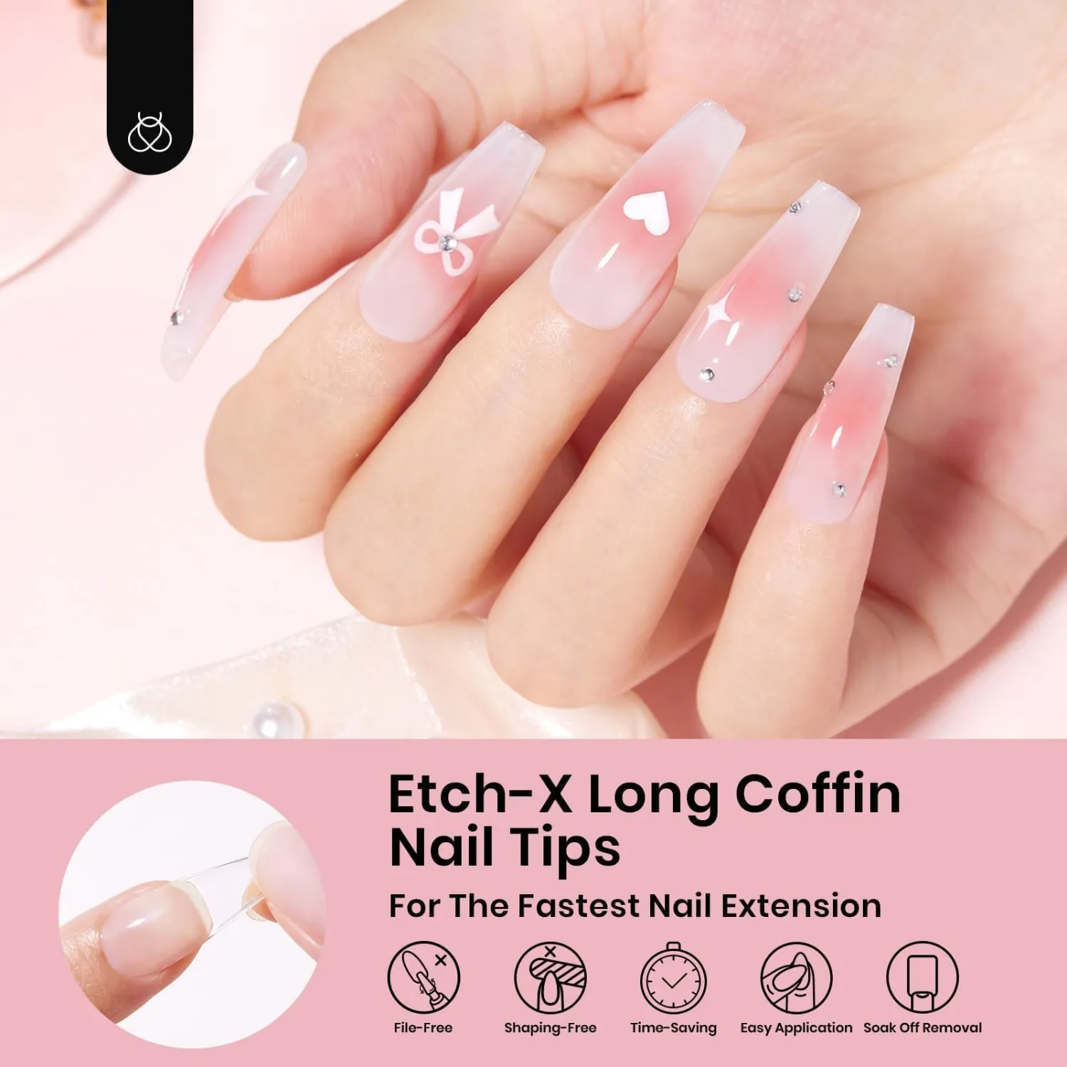 Beetles Coffin Long Gel Nail Tips –Pre-Etched Half Matte Full Cover, 288 Pieces, Pre-Shaped in 12 Sizes for Press-On Extensions