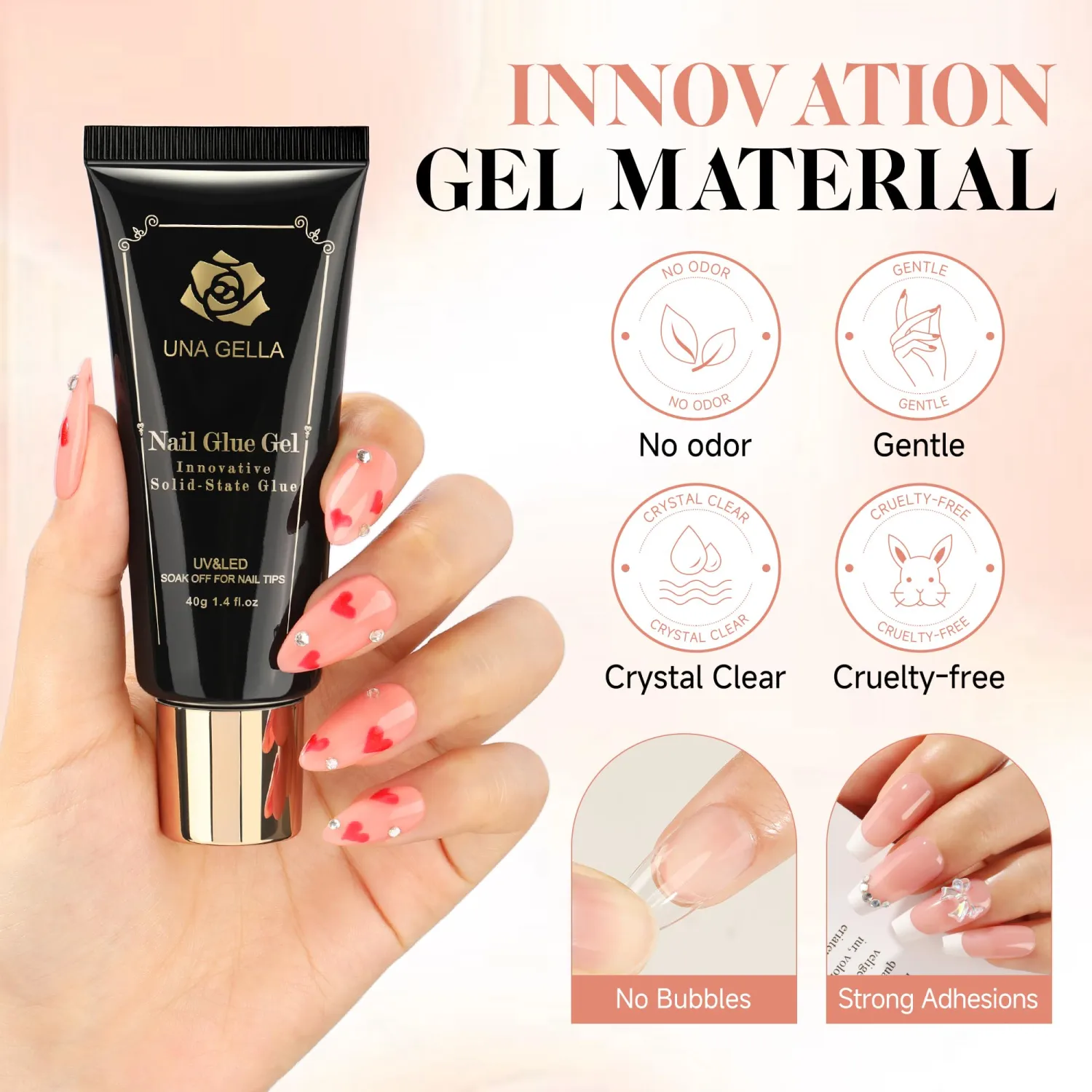 UNA GELLA Solid Nail Tips Glue Gel 2 * 40ml Lamp Curing Needed Soak Off Soft Gel Nail Tips Glue Super Strong Nail Glue Gel for Acrylic Nails Extension Fake Nail Tips Press On Glue for Gel Jelly Tips