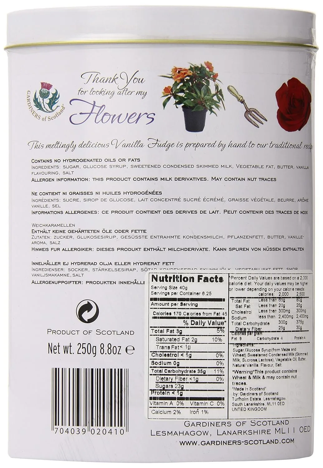 Gardiners of Scotland Vanilla Fudge, Thank You Flowers Design, 8.8oz Tin