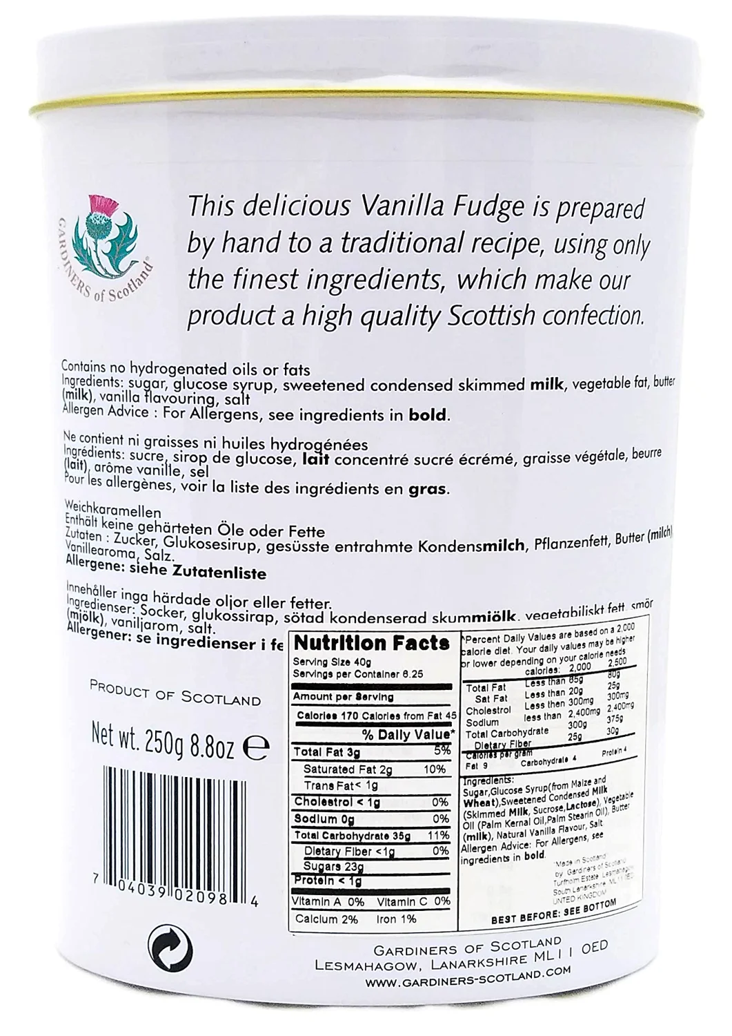 Gardiners of Scotland Vanilla Fudge, Robin Christmas Design, 8.8oz Tin