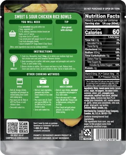 Campbell's Cooking Sauces, Tangy Sweet and Sour, 11 Oz Pouch (Pack of 2)