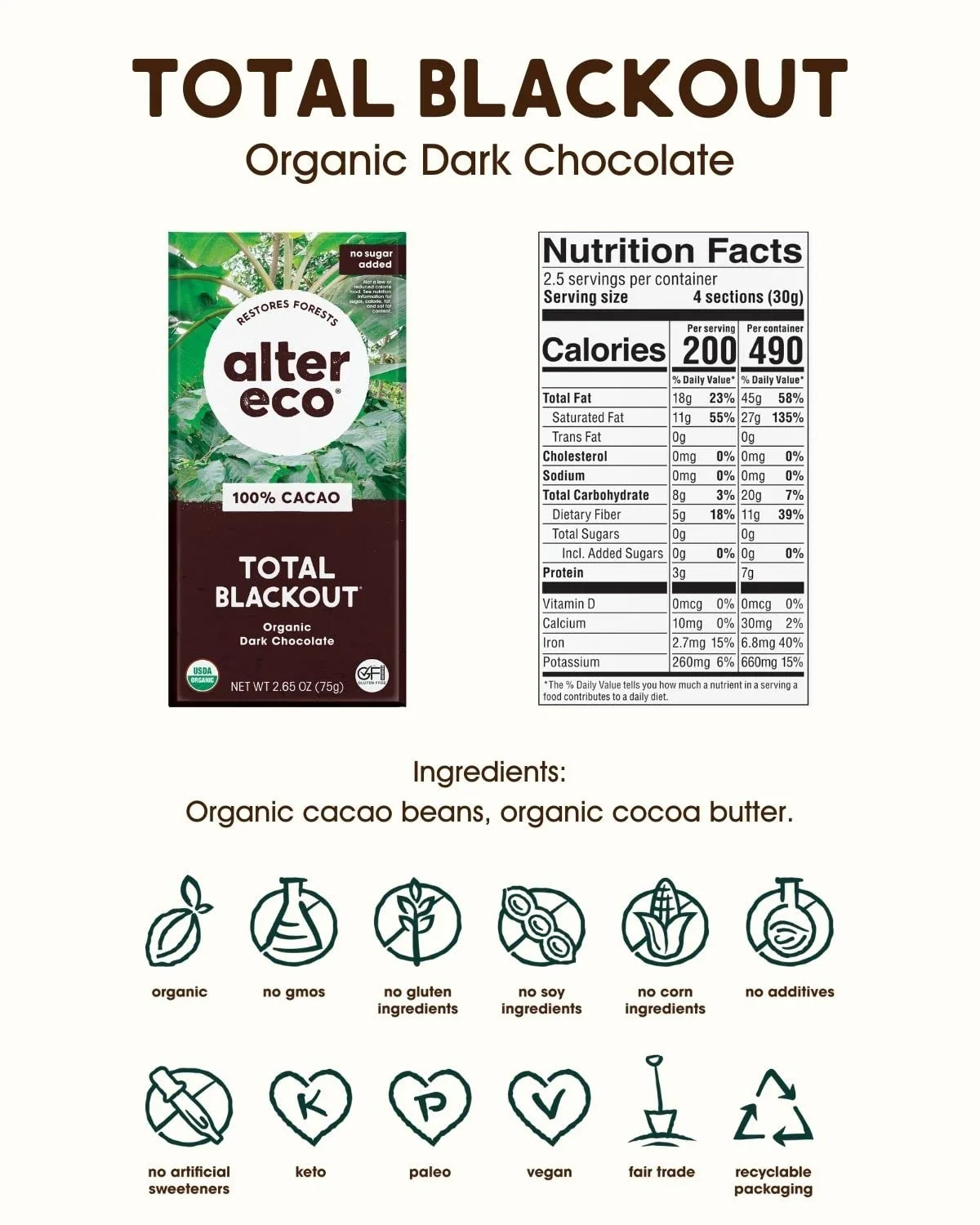 Alter Eco | Dark Chocolate Bars | Pure Dark Cocoa, Fair Trade, Organic, Non-GMO, Gluten Free (12-Pack Total Blackout)