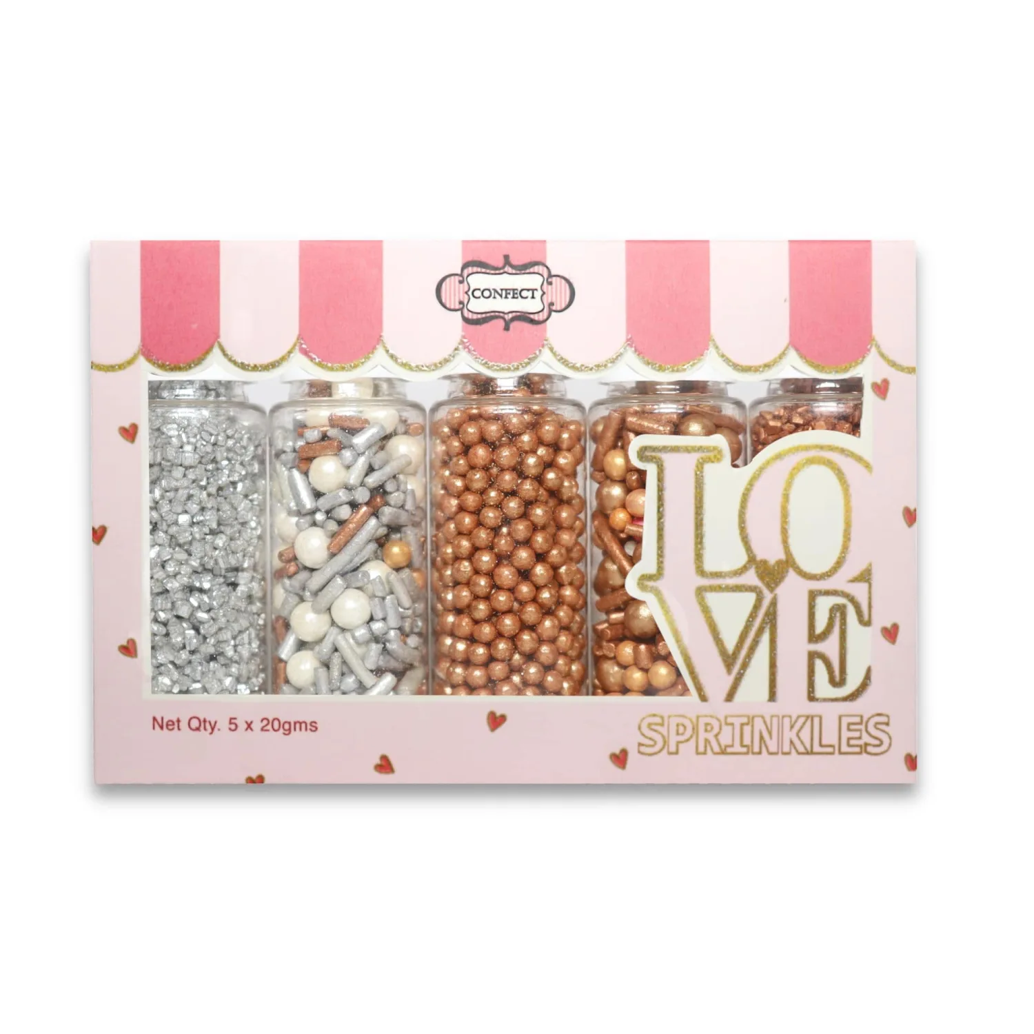 Confect Sprinkles for Cake & Cupcake Decoration | Pack of 5 ​Party Sparkle Sprinkles | Champagne Gold Pearl | Sliver & Bronze Jimmies Sliver Sparkling Sugar - 3.5 Oz