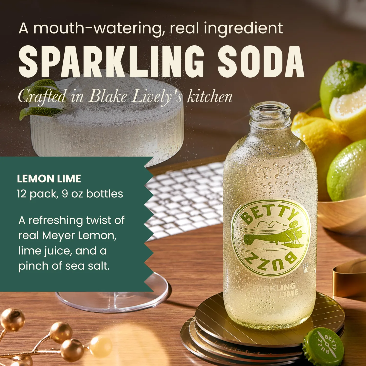 Betty Buzz Sparkling Lemon Lime Premium Sparkling Soda by Blake Lively (12 pack) | Natural Flavors & Sweeteners, Only Clean Ingredients