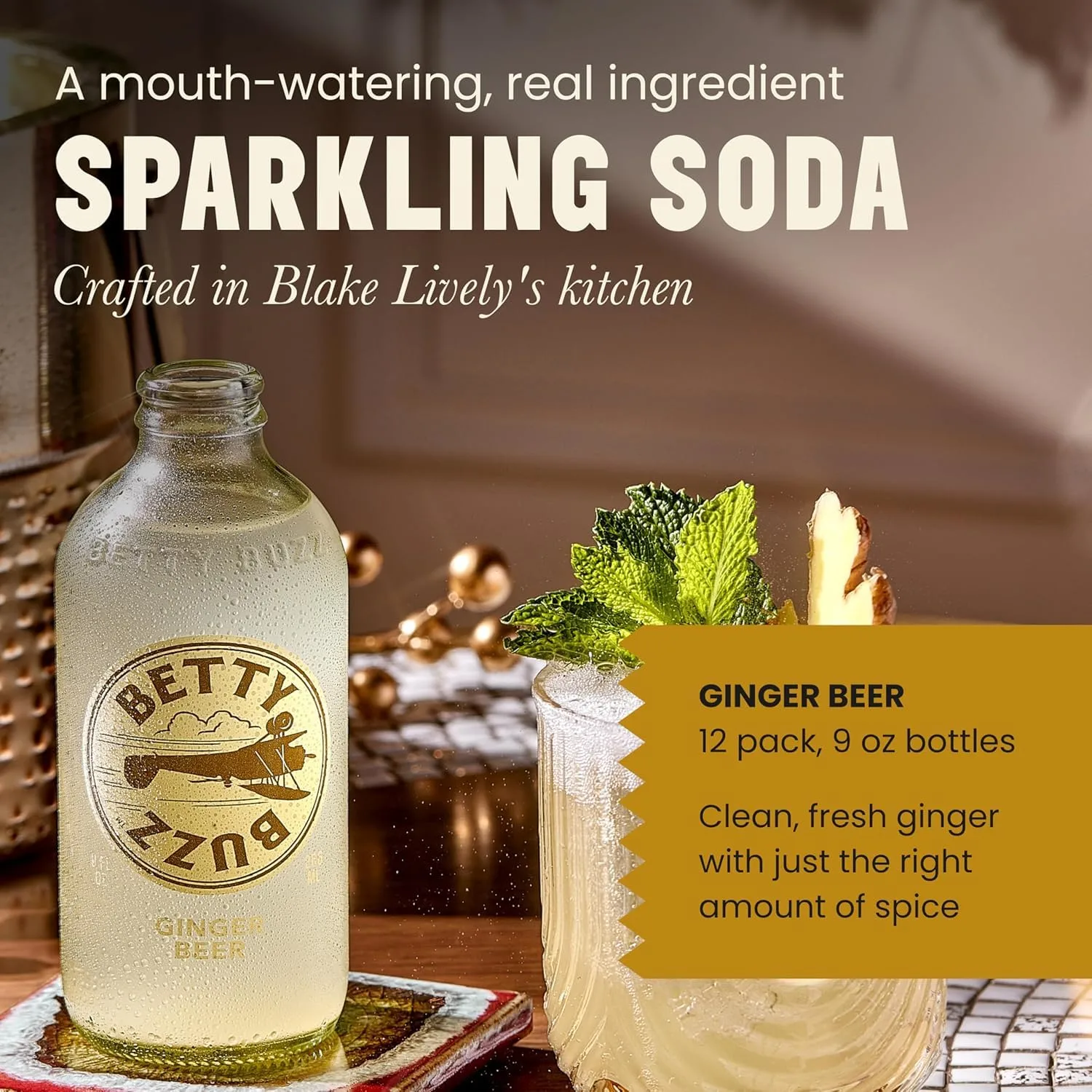Betty Buzz Ginger Beer, Premium Sparkling Soda by Blake Lively (12 pack) | Natural Flavors & Sweeteners, Only Clean Ingredients