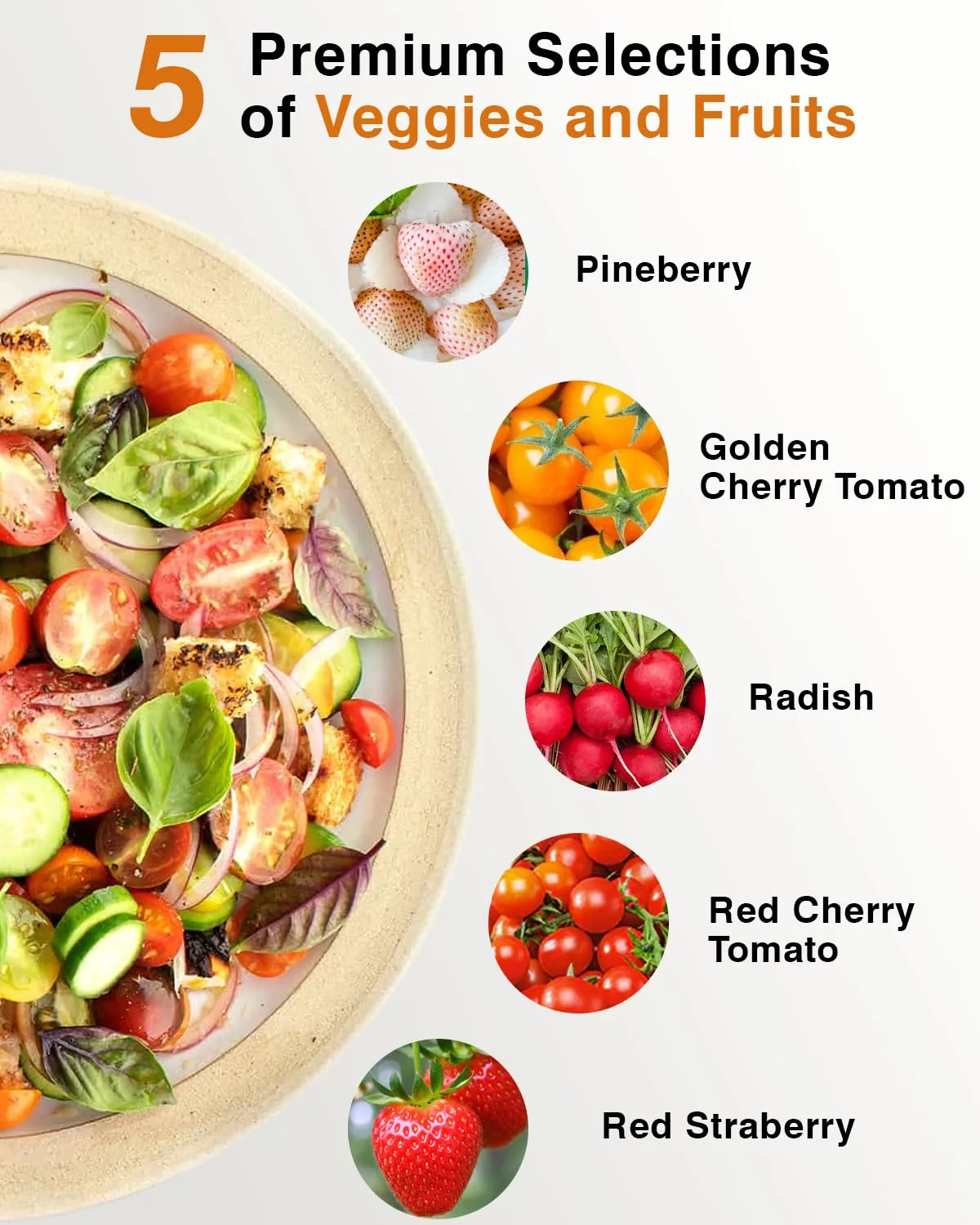 Red Strawberry and Pineberry Seed Pod Kit for AeroGarden, idoo, Ahopegarden, MUFGA with Strawberry, Pineberry, Radish, Red/Golden Harvest Cherry Tomato - Compatible with All Hydroponics (12-Pod)