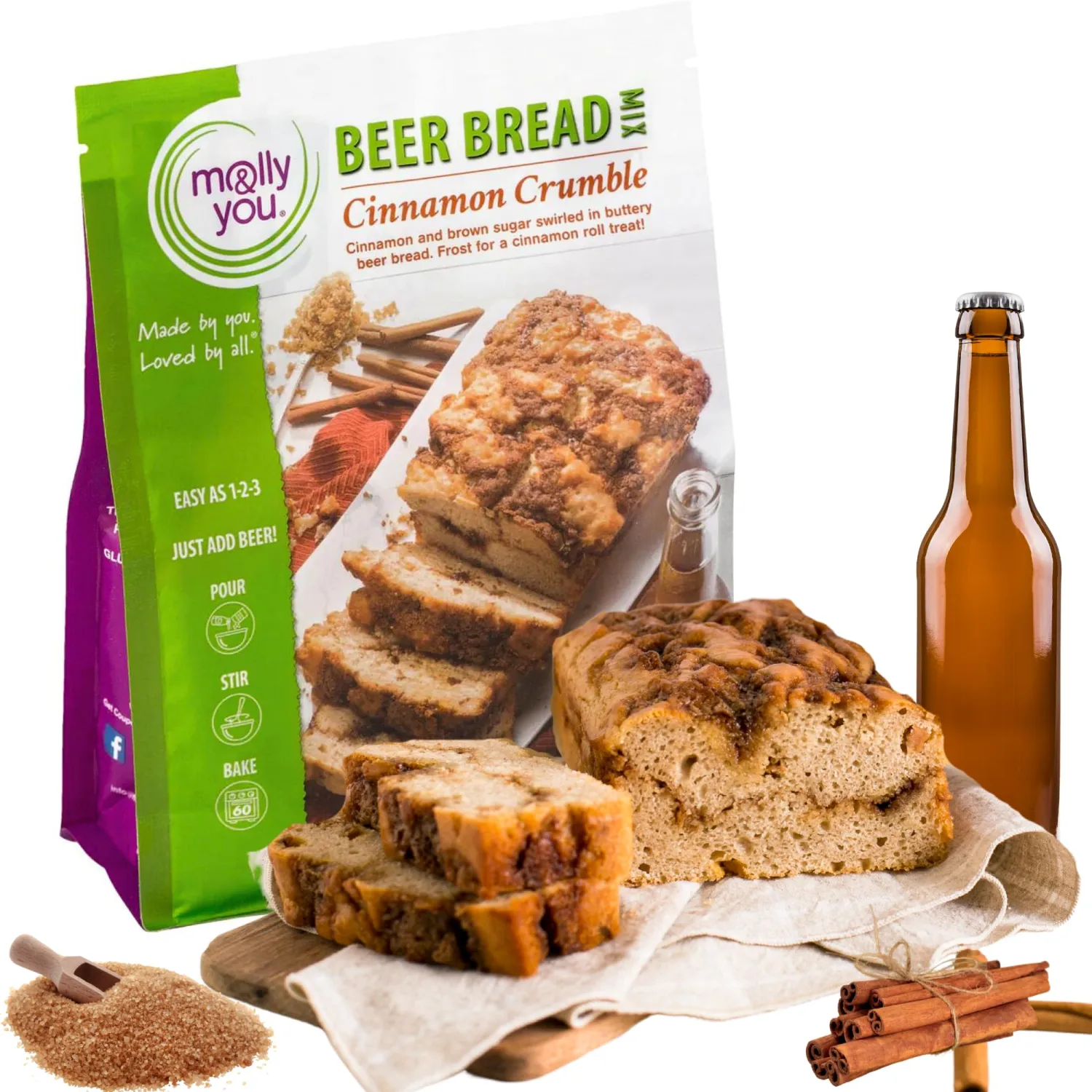 Molly and You Cinnamon Crumble Beer Bread Mix (Pack of 1) – Gourmet, Vegan Friendly, Dairy Free, Artisan Bread Kit - No Bread Machine Needed - Just Add Beer or Soda