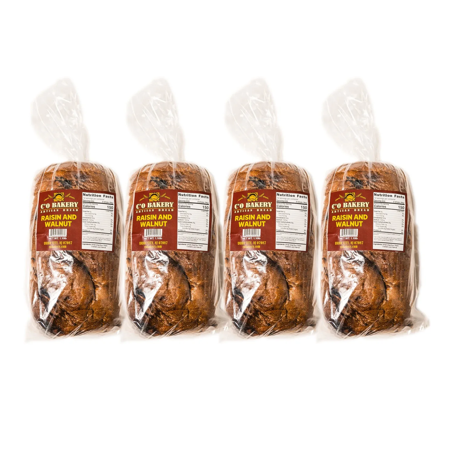 C'O BAKERY C'O Bakery Artisan Bread Raisin & Walnut - Handmade, All Natural, High Fiber, Sliced Loaf Multipack (4 Loaves), Pack of 4