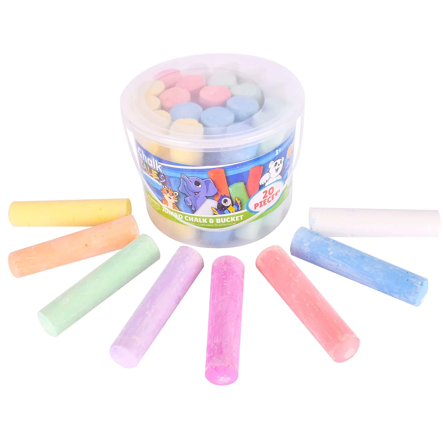 Sunny Days Entertainment Sidewalk Chalk Set for Kids with Storage, Washable, Jumbo Colored Chalk for Outdoor Play and Chalkboard Art - Ages 3+ (20 Pieces, Multicolor)