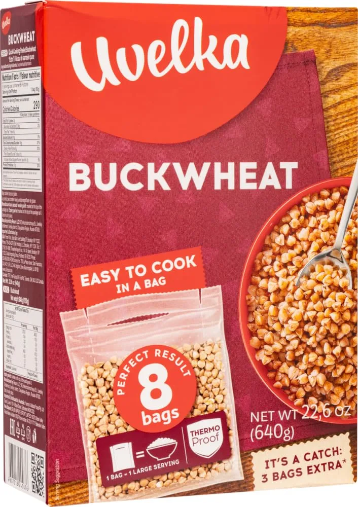 Uvelka, Buckwheat Groats (Grechka/Kasha), 2 Packs of 8 Boil-In-Bags, Easy to Cook, 640g/22.6oz (Ancient Grains) (Pack of 2, 45.2oz)