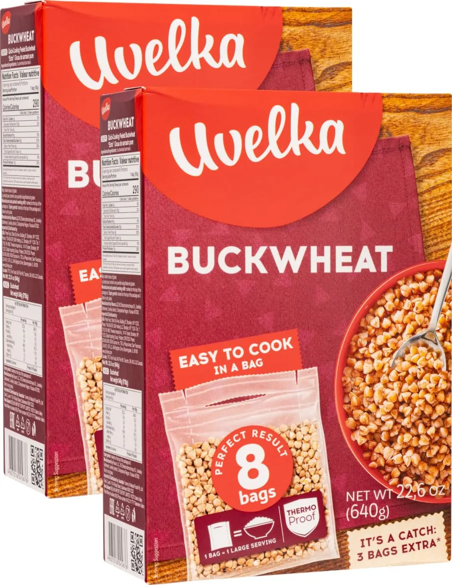 Uvelka, Buckwheat Groats (Grechka/Kasha), 2 Packs of 8 Boil-In-Bags, Easy to Cook, 640g/22.6oz (Ancient Grains) (Pack of 2, 45.2oz)