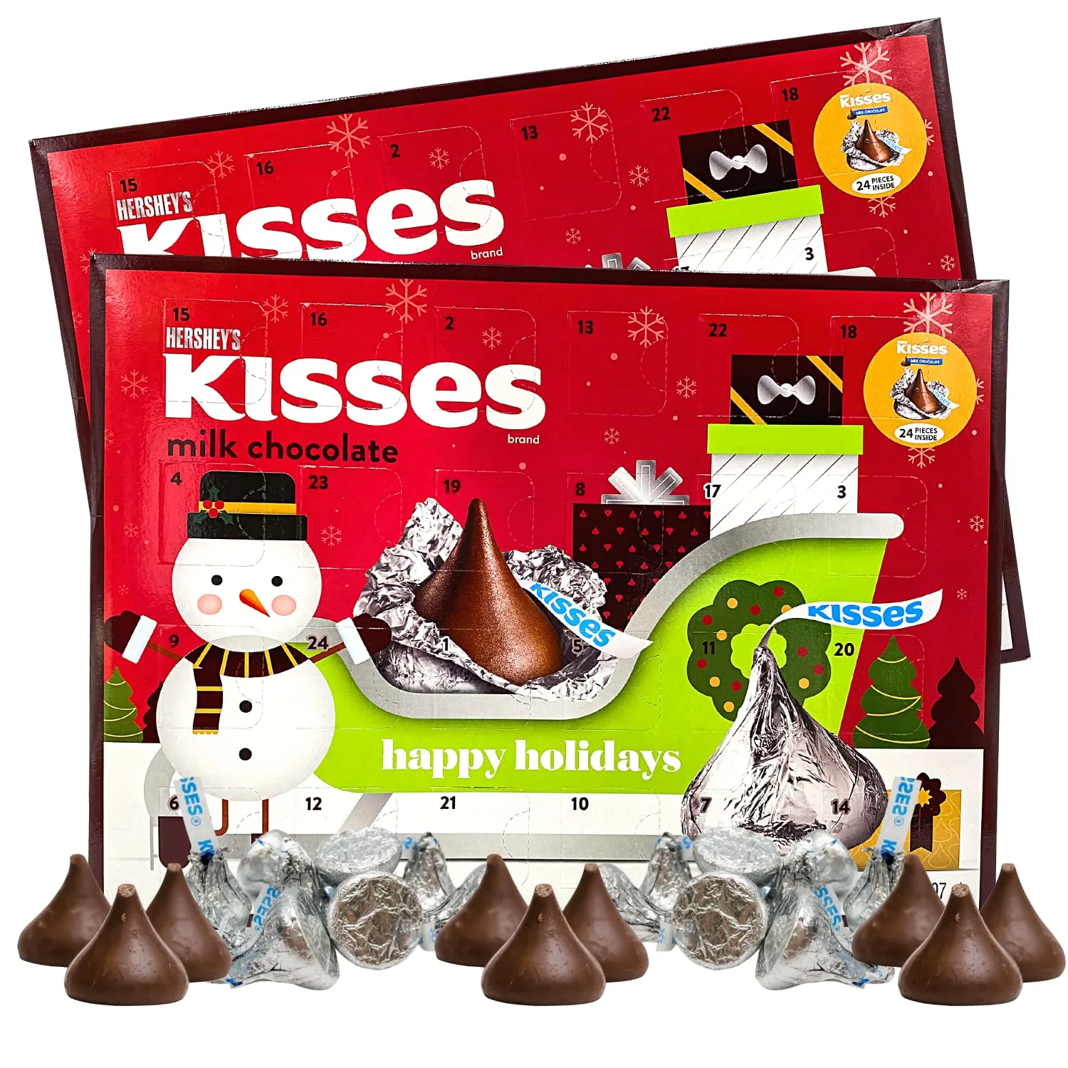 Hershey Milk Chocolate Kisses 2024 Candy Filled Christmas Advent Calendar, Pack of 2
