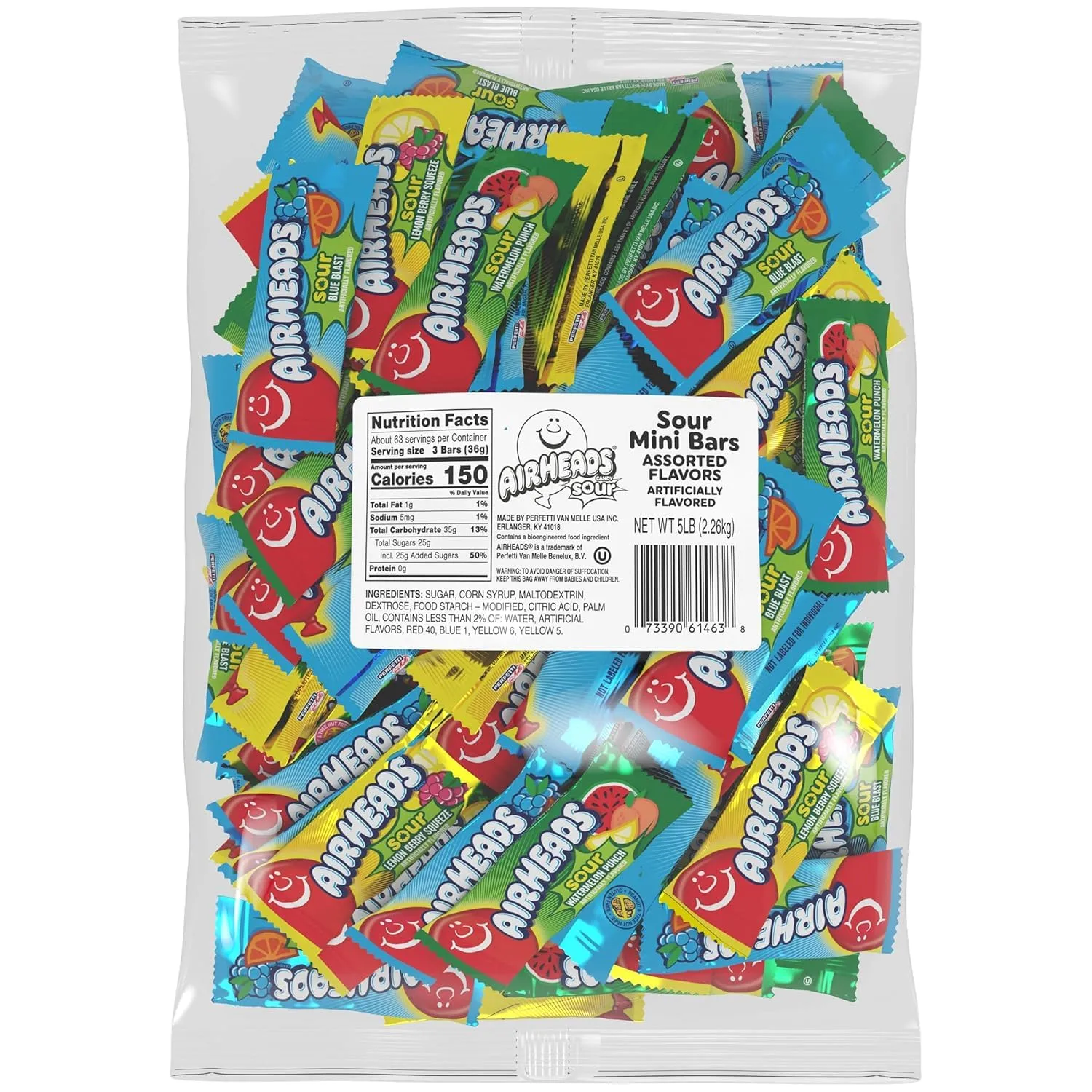 Airheads Sour Mini Candy Bars, Taffy Candy Assorted Bag, Individually Wrapped Candy, Three Assorted Flavors, 5 lb Bag