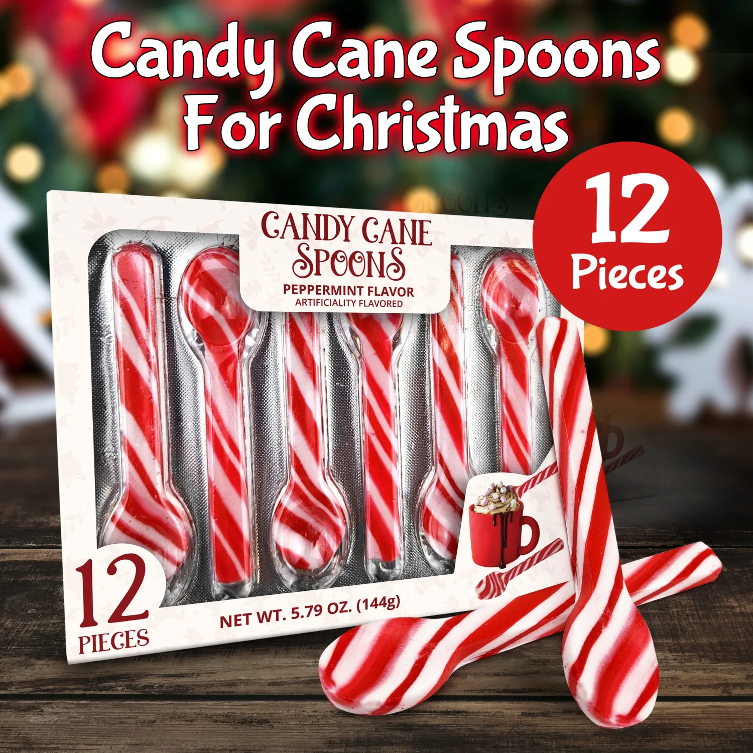 Peppermint Spoons – Pack of 12 Stunning Candy Cane Spoons – Perfect Christmas Candy – Delicious and Colorful Peppermint Candy – Ideal for Hot Chocolate on Christmas Eve