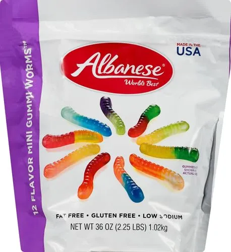 Albanese World's Best 12 Flavor Mini Gummi Worms, 36oz Bag of Candy, Soft & Chewy Candy Snacks, Fruity Flavor Assortment
