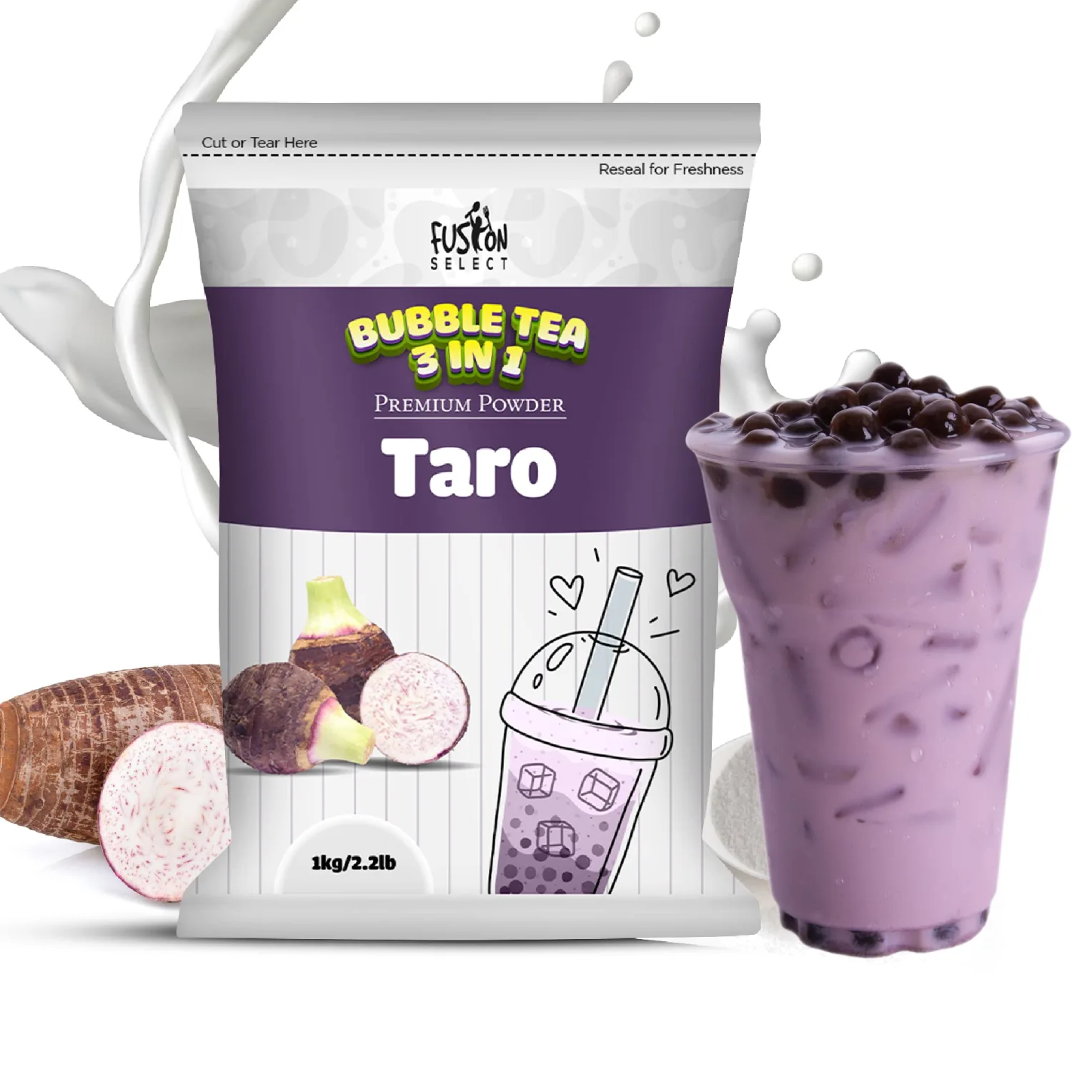 Fusion Select 2.2lb Taro Milk Tea Powder, Taro Powder For Bubble Tea Flavored 3-in-1 Drink Powder with Cream & Sugar - Instant Pre-Mixed Beverage for Hot or Cold Blends or Yummy Frappes