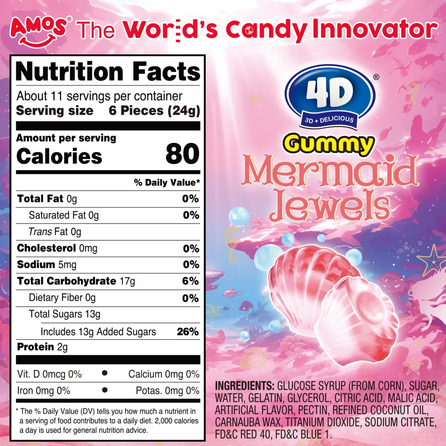 Amos 4D Gummy Candy Mermaid Jewels Fruity Filled, Soft Center Jelly-filled Seashell Candy, Raspberry Flavor (9oz Pack) pink