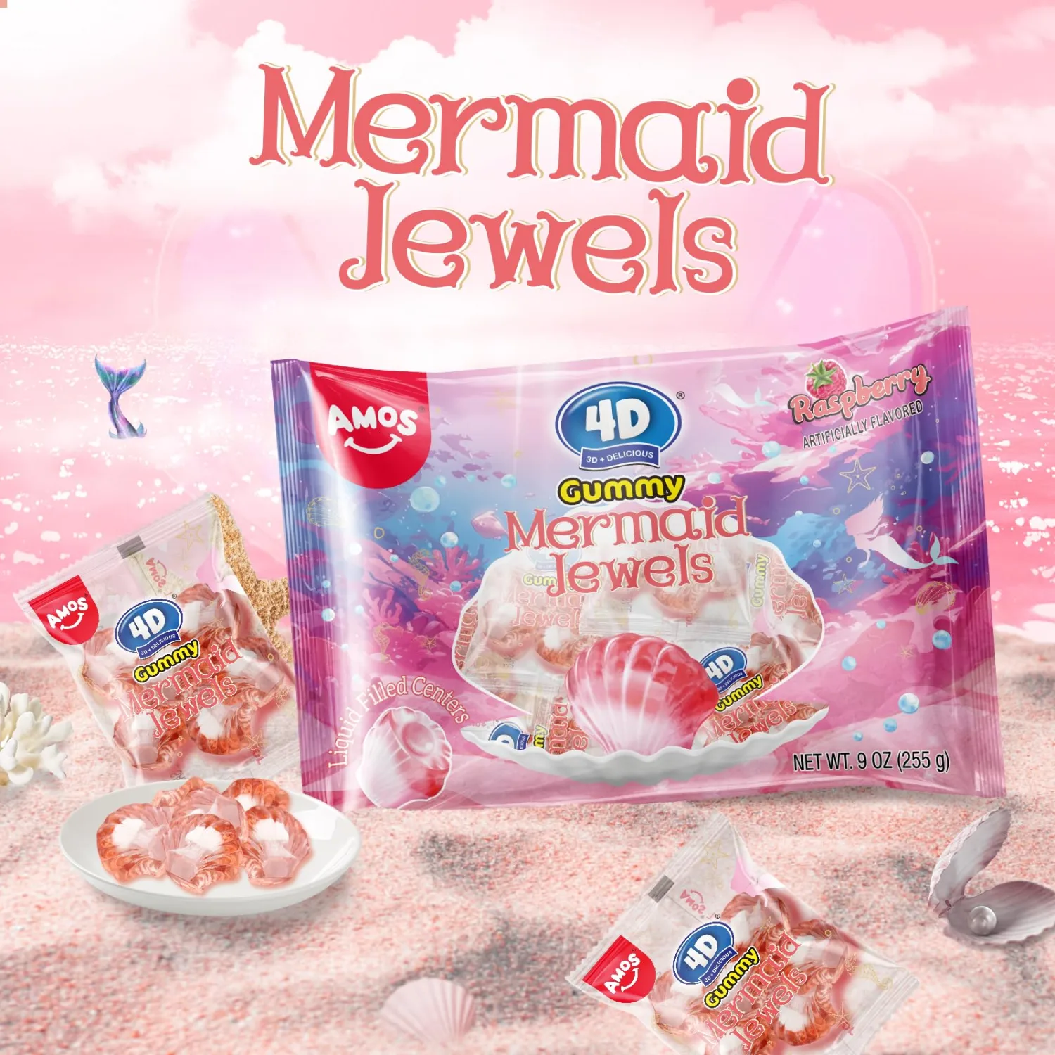 Amos 4D Gummy Candy Mermaid Jewels Fruity Filled, Soft Center Jelly-filled Seashell Candy, Raspberry Flavor (9oz Pack) pink