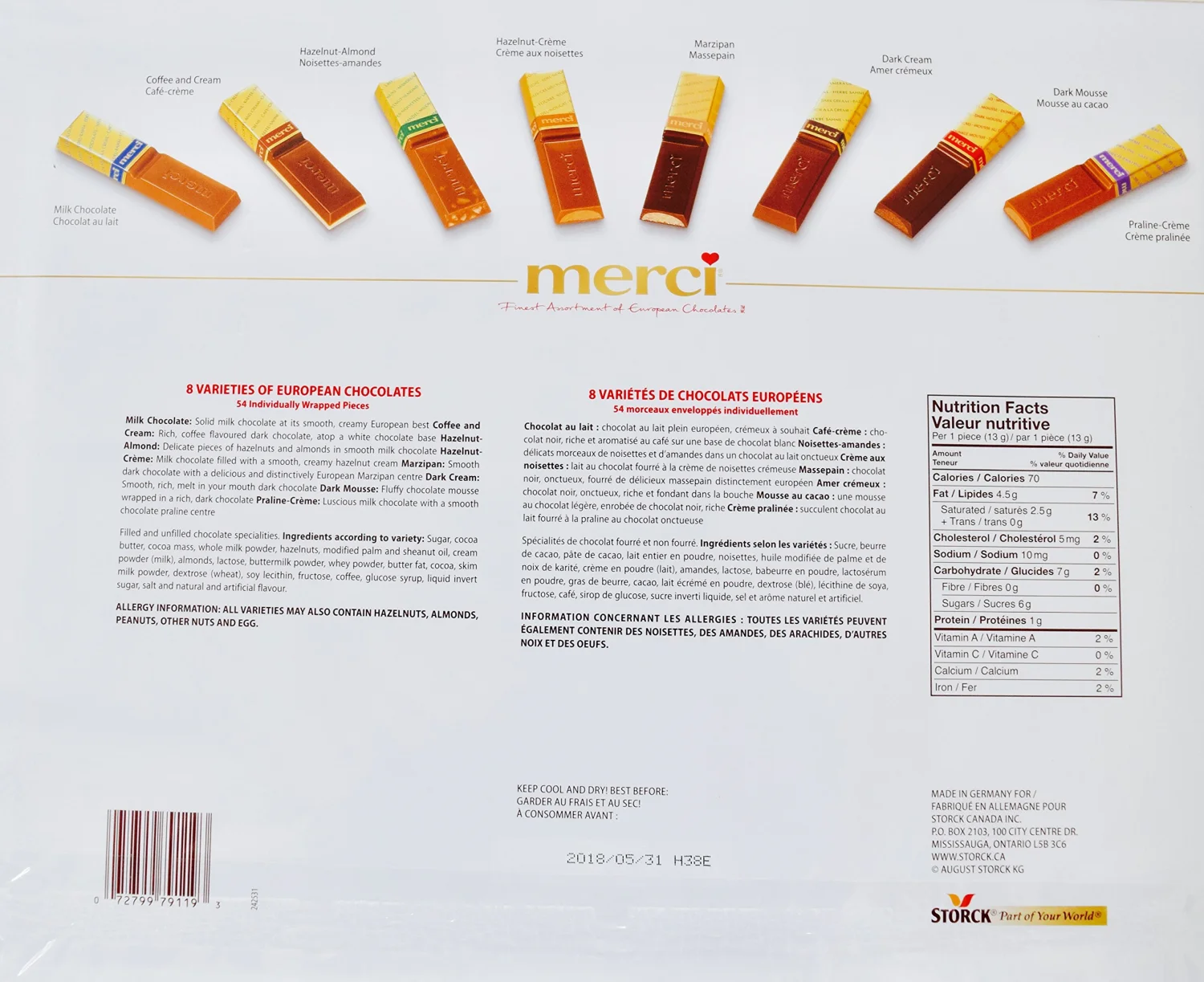 Merci Finest Assortment of European Chocolates. 675grams / 23.8 ounce Value pack. 54 pieces of individually wrapped Fine European Chocolates.
