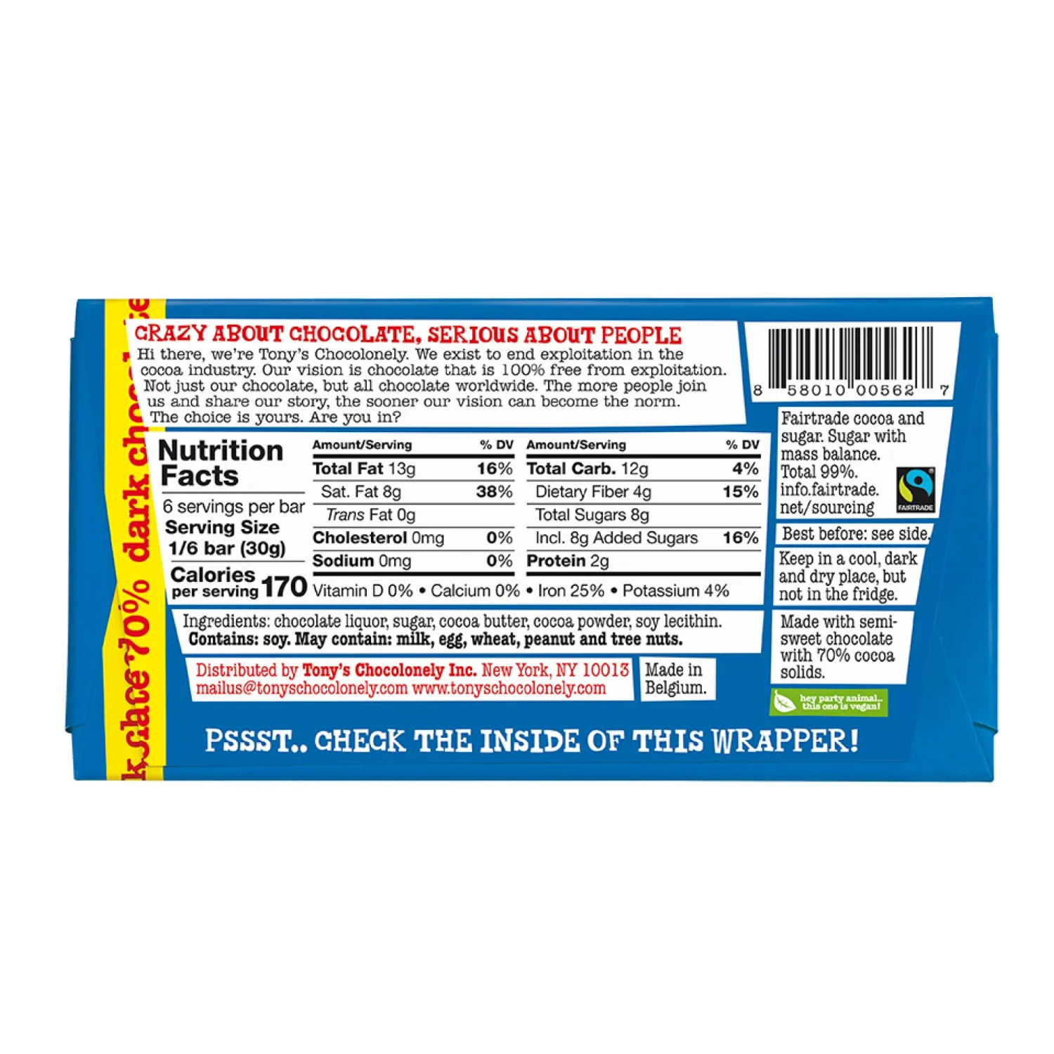Tony's Chocolonely - 70% Dark Chocolate Bar - Belgium Chocolate, No Artificial Flavoring, Fairtrade & B Corp Certified - 6.35 Oz