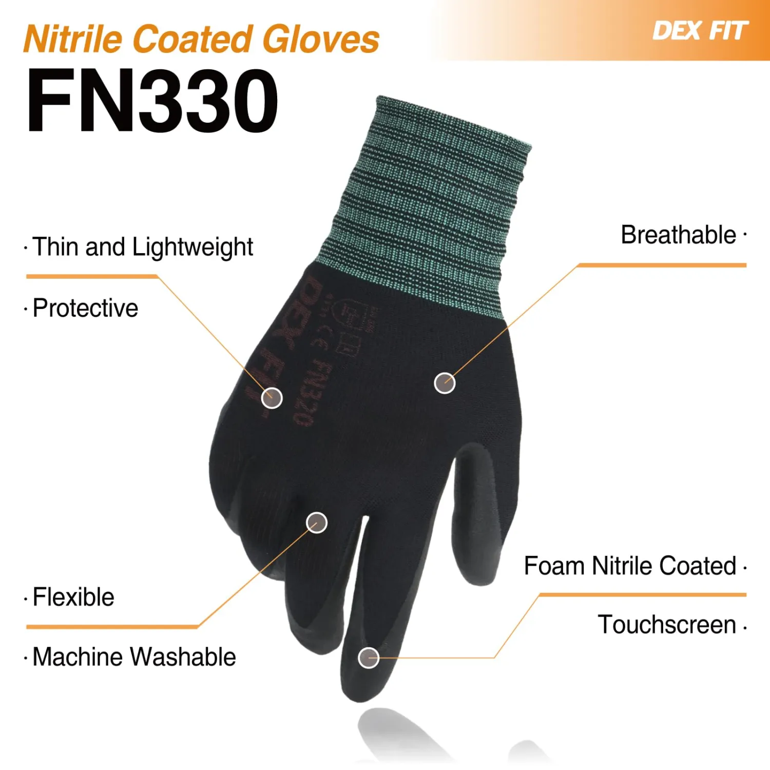 DEX FIT Nitrile Work Gloves FN330, 1 Pair, 3D-Comfort Stretchy Fit, Firm Grip, Thin & Lightweight, Touch-Screen Compatible, Durable, Breathable & Cool, Machine Washable; Black L (9)