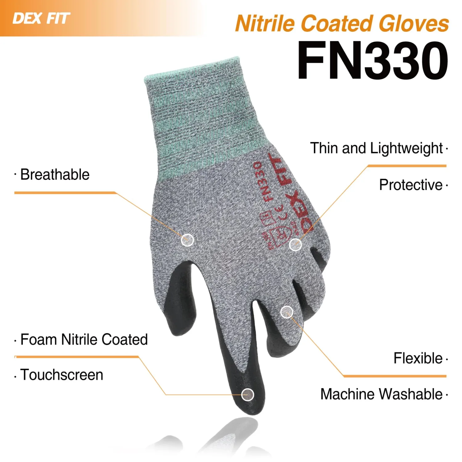 DEX FIT Nitrile Work Gloves FN330, 1 Pair, 3D-Comfort Stretchy Fit, Firm Grip, Thin & Lightweight, Touch-Screen Compatible, Durable, Breathable & Cool, Machine Washable; Grey M (8)