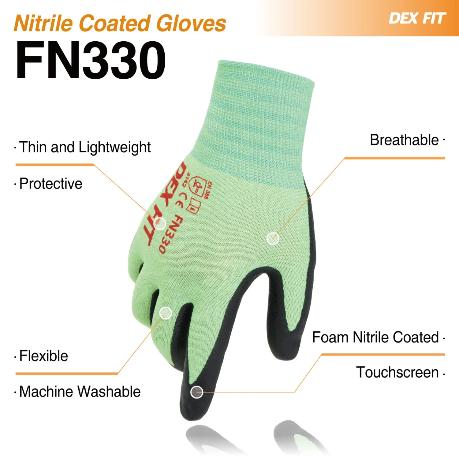 DEX FIT Nitrile Work Gloves FN330, 1 Pair, 3D-Comfort Stretchy Fit, Firm Grip, Thin & Lightweight, Touch-Screen Compatible, Durable, Breathable & Cool, Machine Washable; Green XS (6)