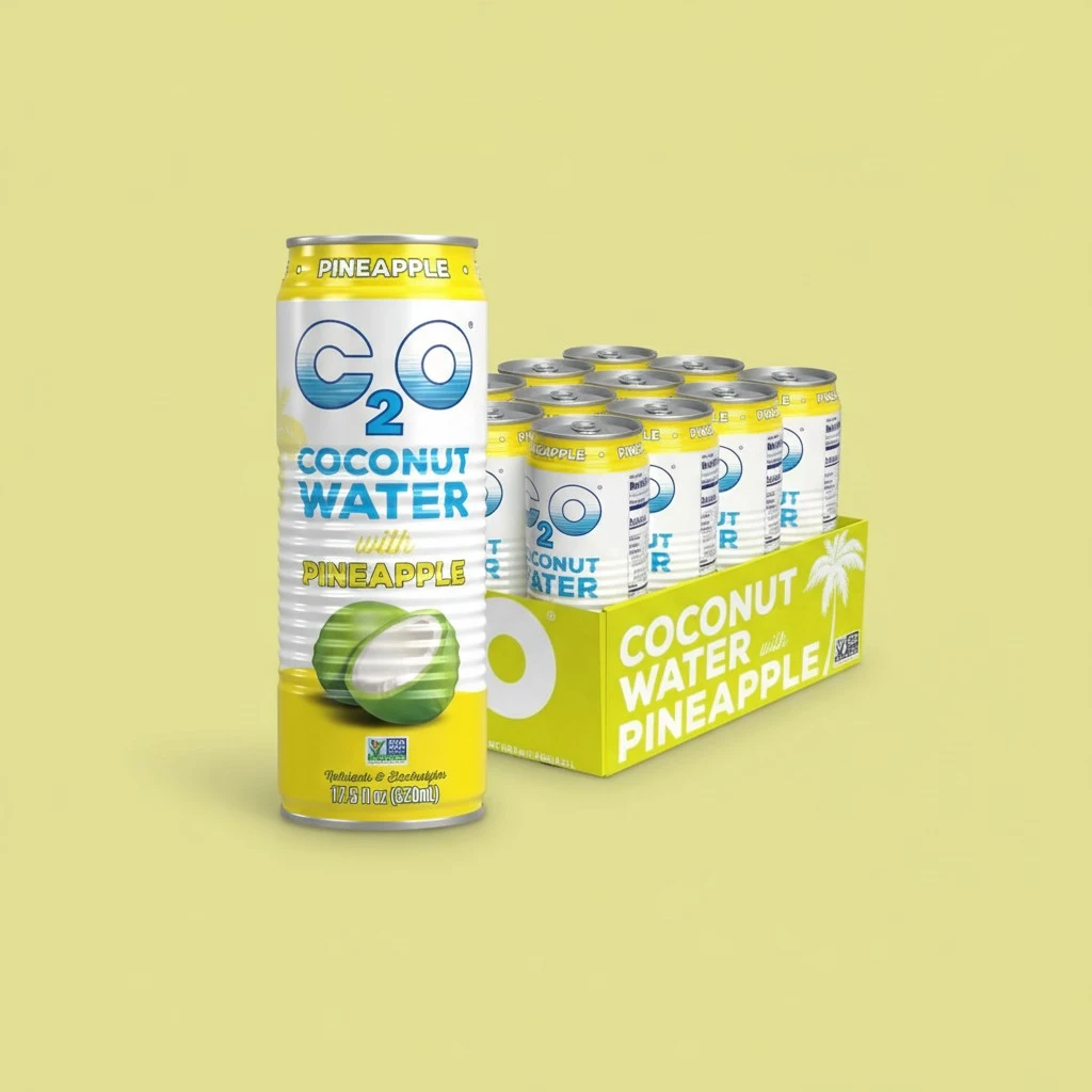 C2O - Coconut Water with Pineapple (12 Pack) - Made with Fresh Coconut Water - Plant Based - Non GMO - Canned Water - Natural Hydration, Essential Electrolytes, & Potassium - 12 Cans, 17.5 FL OZ