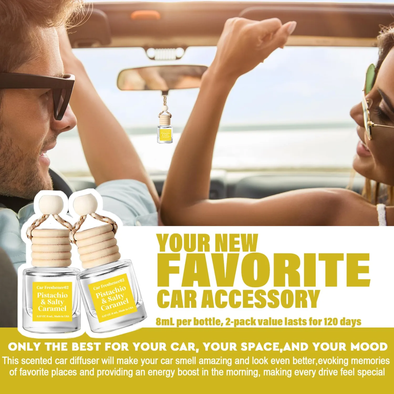 HoogaLife Car Air Freshener Diffuser 2 Pack Hanging Air Freshener Diffuser - Pistachio & Salty Caramel Fragrance Oil Air Diffuser for Car, 45+ Days Long Lasting Fragrance Made in USA