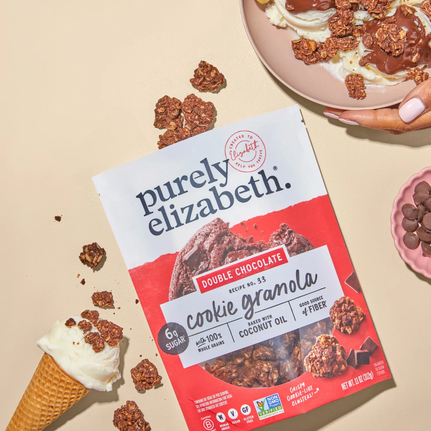 Purely Elizabeth Cookie Granola, Double Chocolate, Gluten-Free, Non-GMO 11oz Bag (3 Pack)