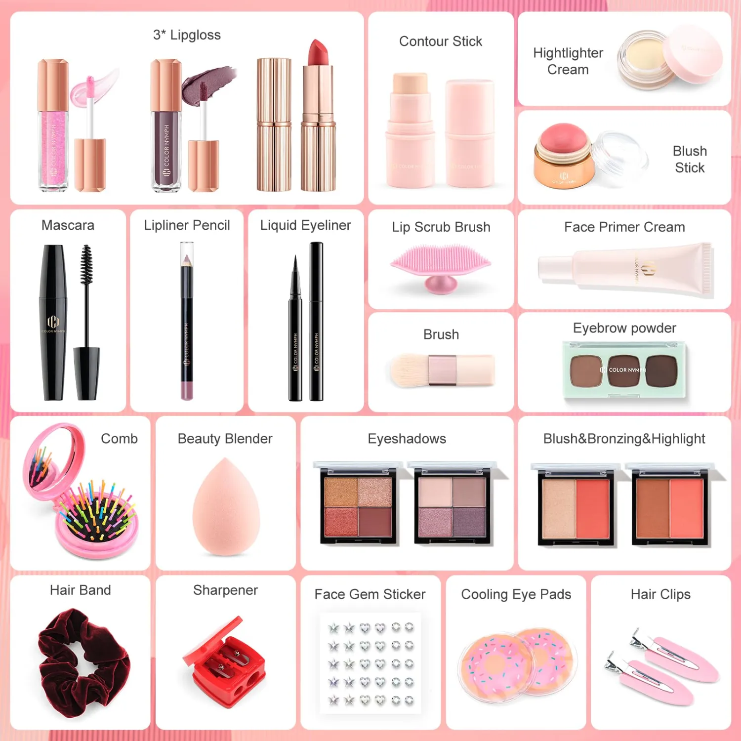 Color Nymph Makeup Advent Calendar, 24 Days Advent Calendar Valentines Day Birthday Makeup Gift Sets for Beauty Cosmetic Starter Kit For Teens Girlfriend Daughters Surprise Holiday Gift Pink