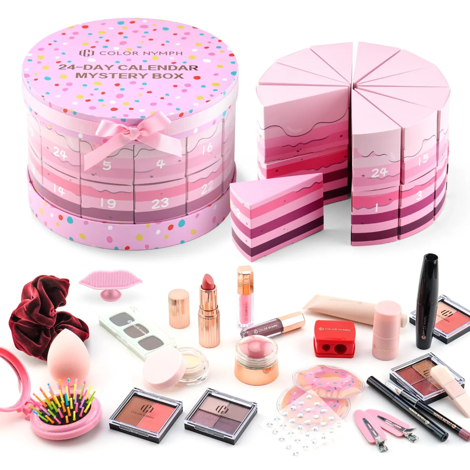 Color Nymph Makeup Advent Calendar, 24 Days Advent Calendar Valentines Day Birthday Makeup Gift Sets for Beauty Cosmetic Starter Kit For Teens Girlfriend Daughters Surprise Holiday Gift Pink