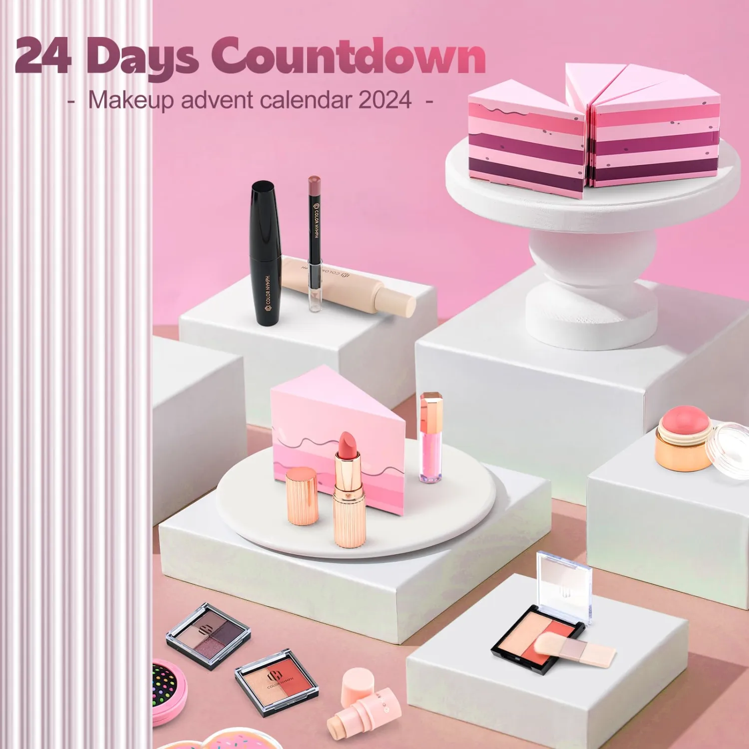 Color Nymph Makeup Advent Calendar, 24 Days Advent Calendar Valentines Day Birthday Makeup Gift Sets for Beauty Cosmetic Starter Kit For Teens Girlfriend Daughters Surprise Holiday Gift Pink