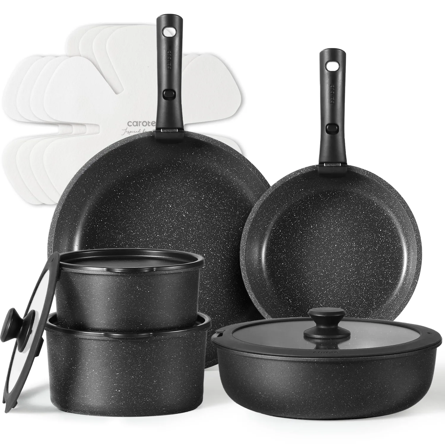 CAROTE 15pcs Pots and Pans Set Non Stick, Cookware Sets, Kitchen Set, Oven/Dishwasher/Fridge Safe, Space Saving Pots Set, Nonstick Set with Versatile Detachable Handle, Induction RV Set, Black