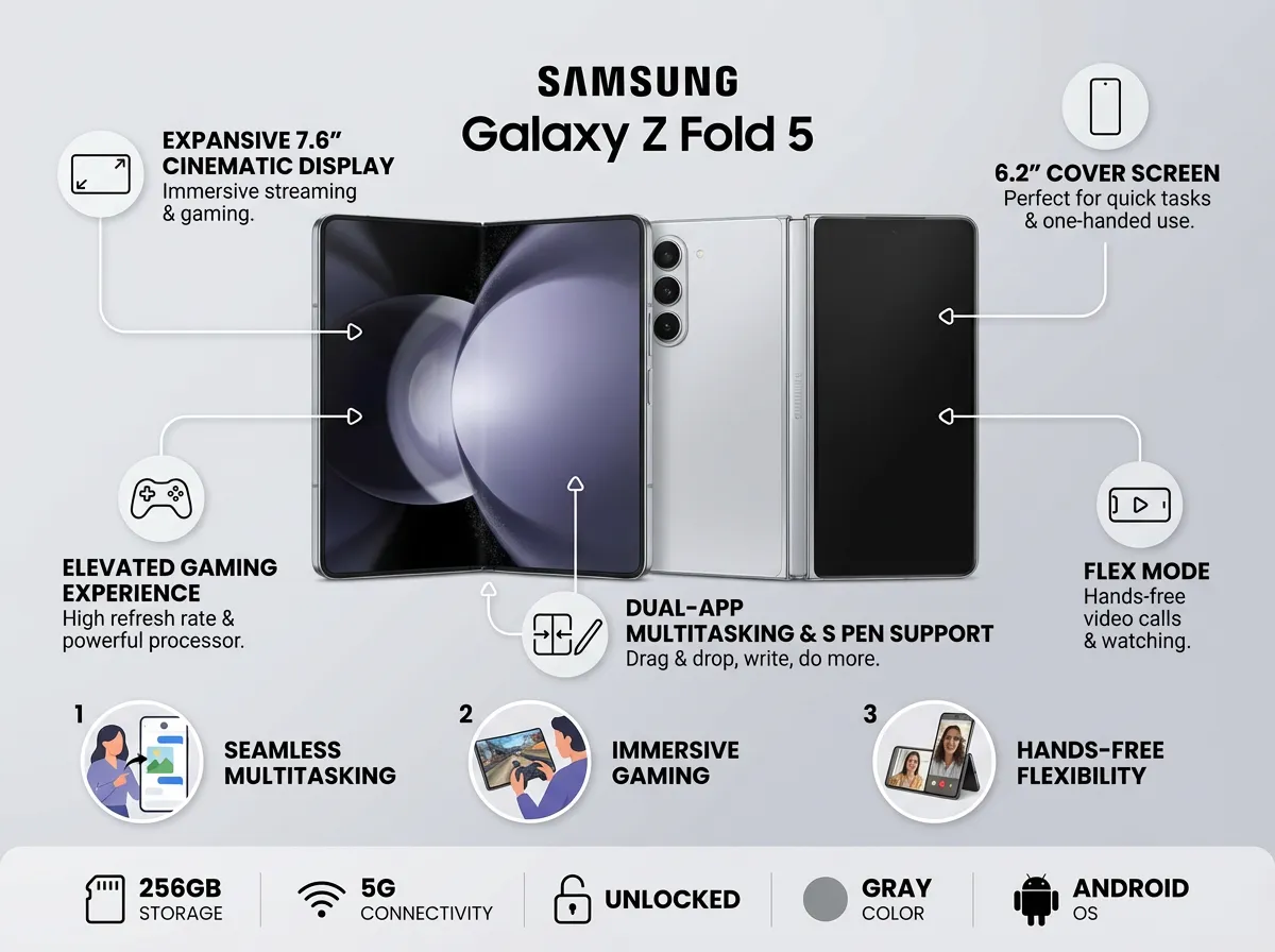 SAMSUNG Galaxy Z Fold 5 5G US Version, 256GB, Gray - Unlocked (Renewed)