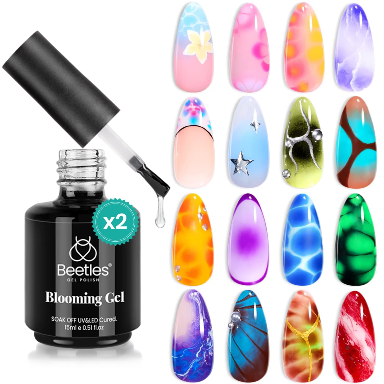 Beetles Nail Blooming Gel: 2 Pcs 15ml Clear Uv Led Blooming Gel Nail Polish for Spreading Effect Blossom Marble Natural Stone Watercolor Floral Print Soak off Nail Diy Design