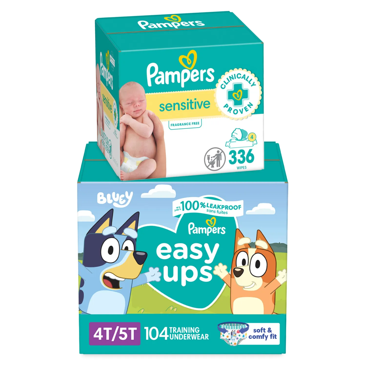 Pampers Easy Ups Bluey Pull On Training Pants Boys and Girls, 4T-5T, 104 Count with Sensitive Water Based Baby Wipes 4X Pop-Top Packs (336 Count)